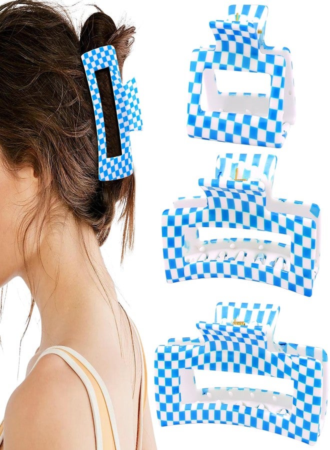 Hapdoo 3pcs Blue Checkered Hair Claw Clips, Square Checker Cute Non Slip Hair Jaw Clips, Strong Hold Rectangle Plaid Vintage Check Hair Claw - Image 1